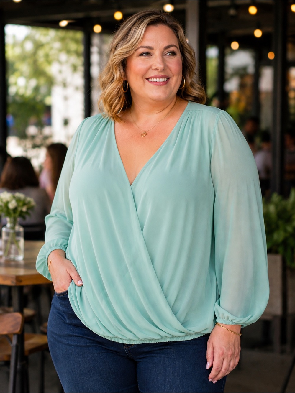 🌸 Ricki's Mint Aqua Draped Long-Sleeve Blouse